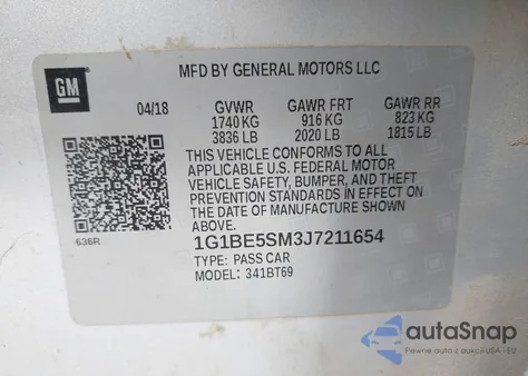 2018 Chevrolet Cruze Lt Auto из США, поврежденный, VIN 1G1BE5SM3J7211654